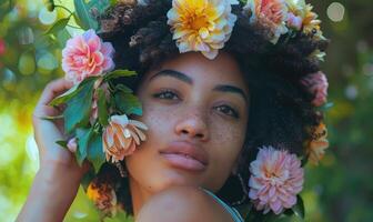 AI generated young woman in a spring flowers wreath, surrounded by floating petals or blossoms. photo