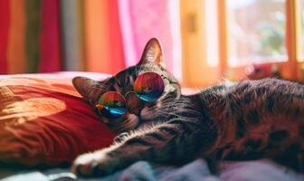 AI generated Cute tabby cat with sunglasses lying on bed at home. photo