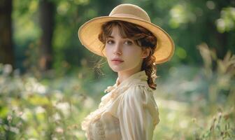 ai generado retrato de un hermosa joven mujer en un sombrero en un parque foto
