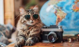 AI generated Cute cat wearing sunglasses with camera and map on background. photo