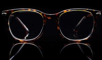 AI generated Glasses on a black background with reflection, close-up. photo