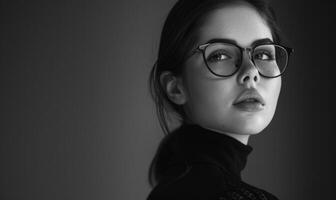 ai generado retrato de un hermosa joven morena mujer en lentes y un negro chaqueta foto