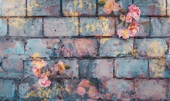 AI generated Pink roses on old white brick wall background with grunge texture. Copy space for text. photo