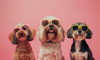 AI generated Group of dogs in sunglasses on a pink background. Studio shot. photo