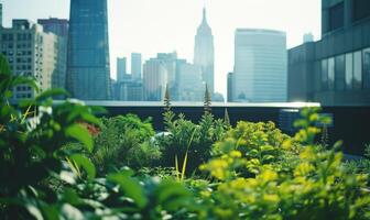 AI generated Urban rooftop garden. Modern skyscrapers, view from a terrace. photo