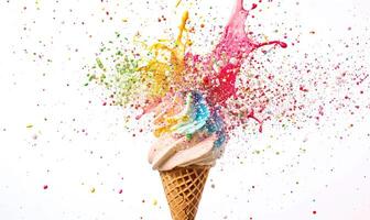 AI generated Ice cream cone explosion on white background photo