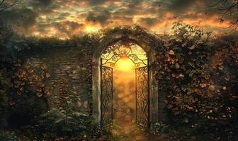 AI generated Sunset through the gate of a rose garden with blooming flowers photo