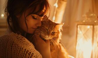 AI generated Young woman with cat at home in the evening. Soft focus. photo