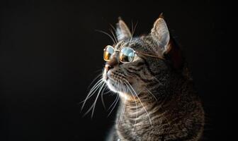 ai generado retrato de un linda gato con lentes en un oscuro antecedentes. foto