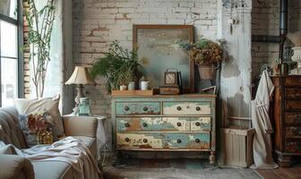 AI generated interior of an old house with an old chest of drawers photo