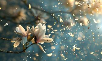 AI generated White magnolia petals gently falling from a tree in a spring breeze photo