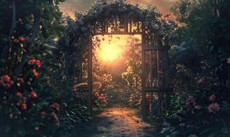 AI generated Beautiful arch in the garden at sunset time. photo