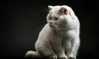 ai generado estudio retrato de un real blanco escocés doblez gato en un oscuro fondo, espacio para texto foto