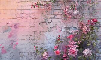 AI generated Pink and white roses on blue brick wall background with copy space. photo