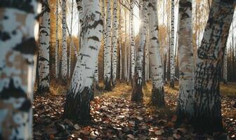 AI generated birch forest in sunlight in the morning, autumn nature landscape photo