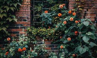 AI generated Brick wall and orange flowers in the garden. Vintage style. photo