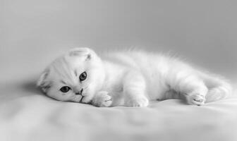 AI generated Cute white british shorthair cat lying on the floor and looking up photo