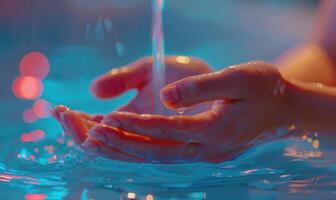 ai generado cerca arriba de mujer Lavado manos en un nadando piscina con agua. foto