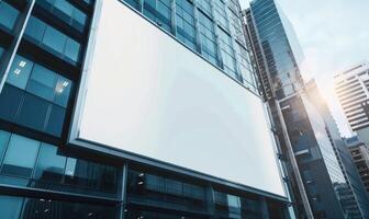 AI generated Blank screen banner mockup displayed on the modern building facade. Close Up view. photo