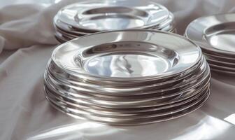 AI generated Set of silver round plates on a white fabric background. Selective focus. photo