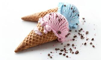 AI generated Neapolitan ice cream cones on white background photo