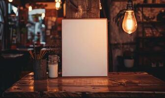 AI generated Empty wooden board on table in cafe, closeup. Space for text. Mock up for menu or design photo