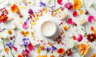 AI generated Creme jar blank mockup surrounded by delicate flower petals photo