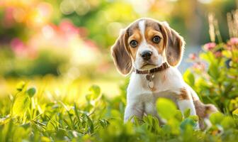 AI generated Happy Beagle puppy with floppy ears enjoying a sunny day in the garden photo