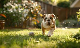 ai generado juguetón buldog perrito persiguiendo un pelota en un patio interior jardín foto