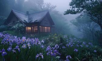 AI generated Morning mist enveloping a contemporary wooden cabin hidden deep within a spring garden filled with blooming irises and lilies photo
