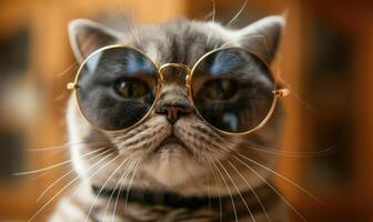 AI generated Funny cat with glasses on blurred background, close-up. photo