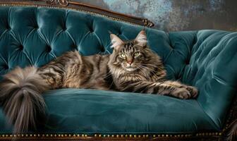 AI generated Maine Coon cat posing elegantly on a velvet chaise lounge photo