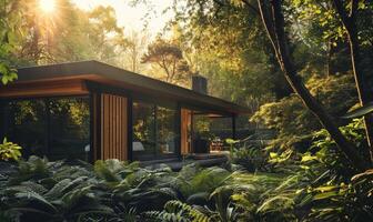 AI generated Sunlight filtering through lush foliage onto the exterior of a modern wooden cabin in a tranquil spring garden photo