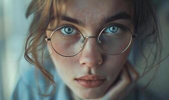 ai generado retrato de un hermosa joven mujer con lentes. de cerca. foto