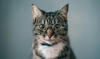 ai generado retrato de un atigrado gato con lentes en un gris antecedentes foto