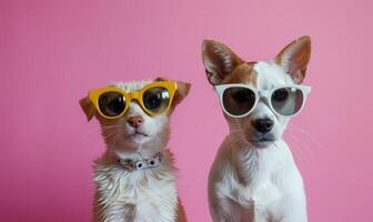 AI generated Two dogs in sunglasses on a pink background. Jack Russell Terrier. photo