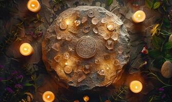 AI generated Zodiac signs on a stone plate with candles and flowers photo