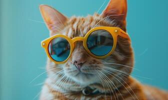 AI generated Orange cat wearing yellow sunglasses on turquoise background, close up photo