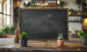 ai generado vacío de madera letrero en un de madera mesa en un café o restaurante foto