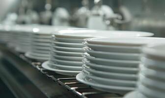 AI generated Close up of clean white plates in a row in a food factory photo