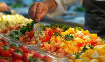 ai generado cerca arriba de un cocinero preparando un ensalada en un comercial cocina. foto