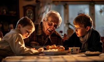 ai generado abuelo y nietos teniendo cena a el mesa en el noche. foto