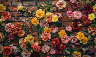 AI generated Beautiful pink and yellow flowers on the brick wall, vintage style photo