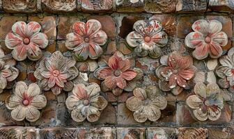 AI generated Stone wall with decorative flowers, close-up. Background texture. photo