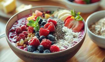 ai generado sano desayuno bochas con chia semillas, avena, Fruta y bayas. foto