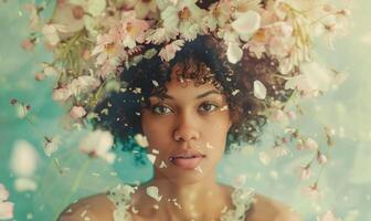 AI generated young woman in a spring flowers wreath, surrounded by floating petals or blossoms. photo