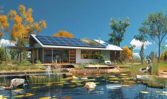 AI generated House with solar panels in the garden. The concept of renewable energy. photo