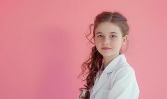 AI generated Young girl in a white medical coat against pink wall. Medicine education. Profession. photo