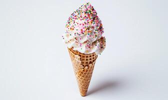 AI generated Ice cream cone with sprinkles on white background photo