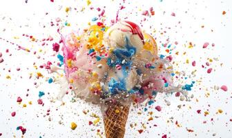 AI generated Ice cream cone explosion on white background photo